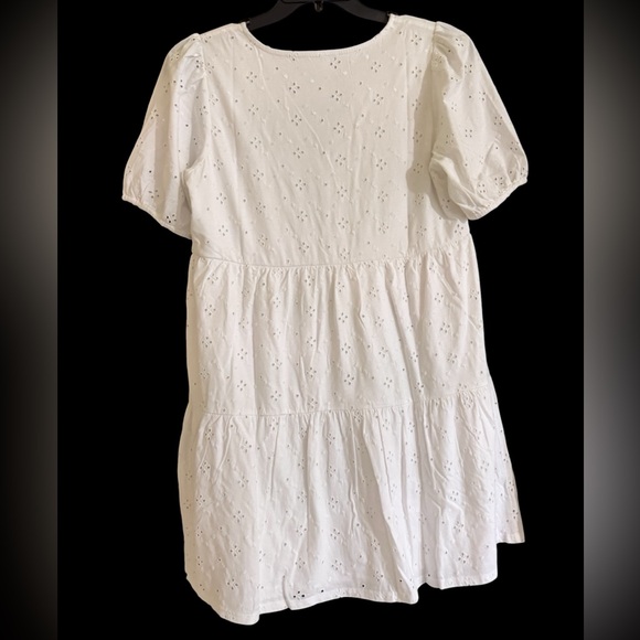 LOFT White Eyelet Cotton Puff Sleeve Tiered Lined Swing Mini Dress Sz MP NWT - Picture 3 of 13